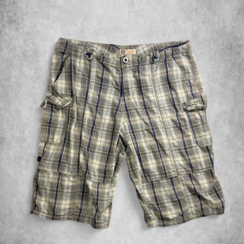 Faded Glory Originals Plaid Cargo Shorts Blue Cream Y2K Skater Womens 14